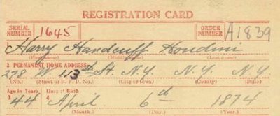 draft card for Harry Houdini in the WWI draft